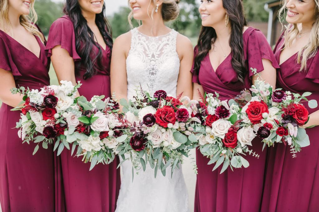Deep red, burgundy, and pale pink rose bouquet by Willow Lane Florals