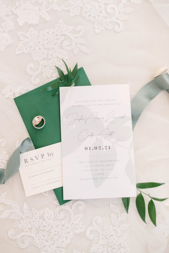 Green and plum invitation suite to the Barn at Willowynn Wedding venue.