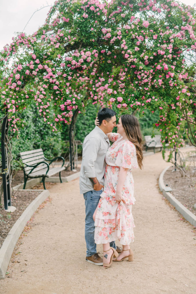 Couple poses in front of the crawling roses at McGovern Centennial Gardens for an engagement portrait session.