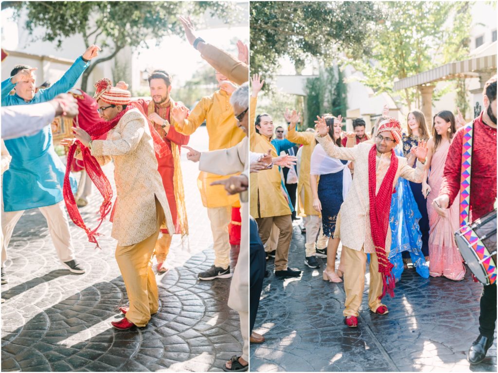Groom is met by a group of groomsmen who dance around him for a traditional Indian culture welcome dance by Christina Elliott Photography in Houston. Indian wedding dance groom wedding dance #christinaelliottphotography #christinaelliottweddings #thebelltoweron34th #belltowerwedding #houstonweddings #houstonweddingphotographers #mrandmrs #newlymarried #weddinginspiration #bridalgown #groomstyle #texasweddingphotographers #tietheknot #traditionalindianwedding