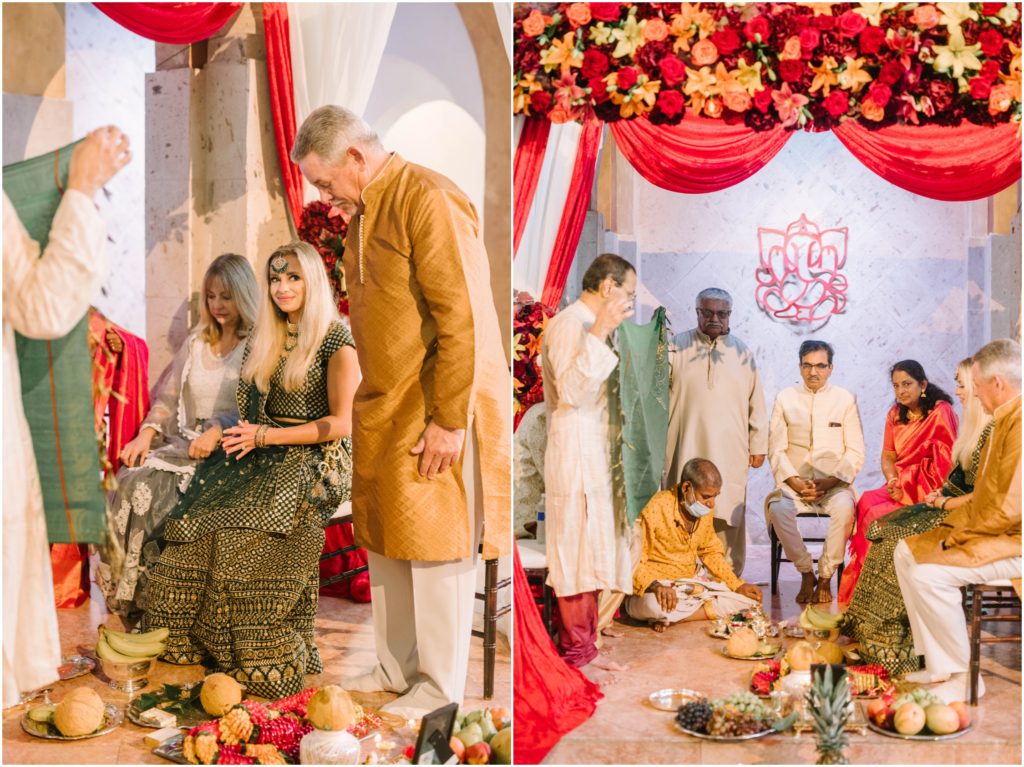 A bride joins the traditional Indian wedding ceremony on a chair next to her mother and father with a feast on the ground by Christina Elliott Photography in Houston. traditional Indian Wedding Gorgeous Indian wedding gown #christinaelliottphotography #christinaelliottweddings #thebelltoweron34th #belltowerwedding #houstonweddings #houstonweddingphotographers #mrandmrs #newlymarried #weddinginspiration #bridalgown #groomstyle #texasweddingphotographers #tietheknot #traditionalindianwedding
