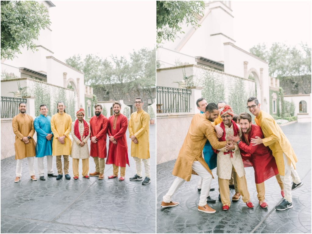 Groom with his groomsmen wearing traditional golden and red Indian shirts and pants at The Bell Tower on 34th by Christina Elliott Photography. groomsmen in traditional attire colorful Indian attire #christinaelliottphotography #christinaelliottweddings #thebelltoweron34th #belltowerwedding #houstonweddings #houstonweddingphotographers #mrandmrs #newlymarried #weddinginspiration #bridalgown #groomstyle #texasweddingphotographers #tietheknot #traditionalindianwedding