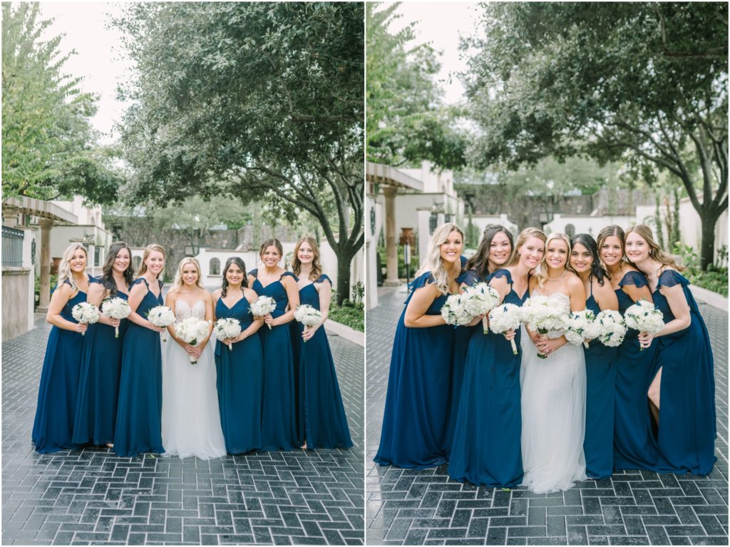 Bride with her bridesmaids all squish together and smile for a portrait captured by Christina Elliott Photography at Houston wedding venue. bride and bridesmaids best friends for bridesmaids #christinaelliottphotography #christinaelliottweddings #thebelltoweron34th #belltowerwedding #houstonweddings #houstonweddingphotographers #mrandmrs #newlymarried #weddinginspiration #bridalgown #groomstyle #texasweddingphotographers #tietheknot #traditionalindianwedding