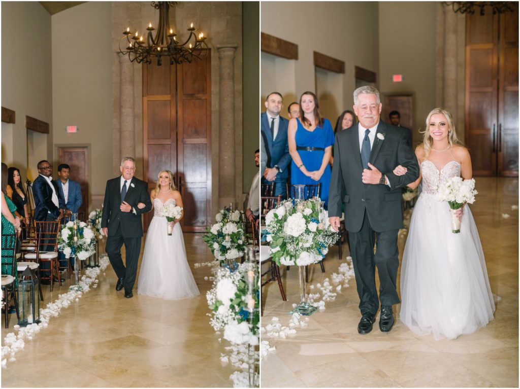 Father of the bride walks his daughter down the white rose aisle by Christina Elliott Photography, a Houston wedding photographer. here comes the bride walk down the aisle happiest day of my life #christinaelliottphotography #christinaelliottweddings #thebelltoweron34th #belltowerwedding #houstonweddings #houstonweddingphotographers #mrandmrs #newlymarried #weddinginspiration #bridalgown #groomstyle #texasweddingphotographers #tietheknot #traditionalindianwedding