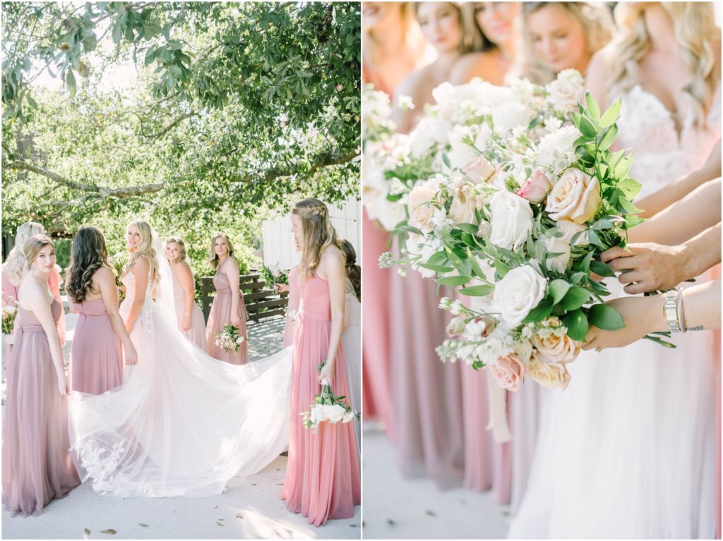 Bridesmaids all hold their flowers out featuring whtie and pink roses and baby's breath by Christina Elliott Photography, a Houston wedding photographer. bridesmaids floral bouquets bridesmaids hold wedding gown #christinaelliottphotography #christinaelliottweddings #houstontx #houstonweddings #houstonweddingphotographers #carriagehousewedding #conroetexas #texasweddingvenues #carriagehousechapel #cottageweddings #farmhousewedding #sweatheartweddinggown #countrywedding #weddinginspiration