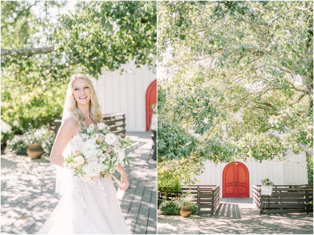 Christina Elliott Photography captures a bride laughing in front of red arched chapel doors at the Carriage House in Conroe, Texas. laughing bride outdoor bridal portraits stunning brides #christinaelliottphotography #christinaelliottweddings #houstontx #houstonweddings #houstonweddingphotographers #carriagehousewedding #conroetexas #texasweddingvenues #carriagehousechapel #cottageweddings #farmhousewedding #sweatheartweddinggown #countrywedding #weddinginspiration