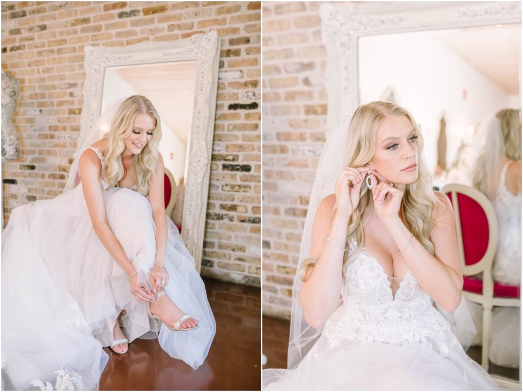 Wedding photographer Christina Elliott Photography captures a bride getting ready and putting on her diamond earrings and strappy shoes for her wedding in the Houston Texas area. bride getting ready bridal jewelry #christinaelliottphotography #christinaelliottweddings #houstontx #houstonweddings #houstonweddingphotographers #carriagehousewedding #conroetexas #texasweddingvenues #carriagehousechapel #cottageweddings #farmhousewedding #sweatheartweddinggown #countrywedding #weddinginspiration