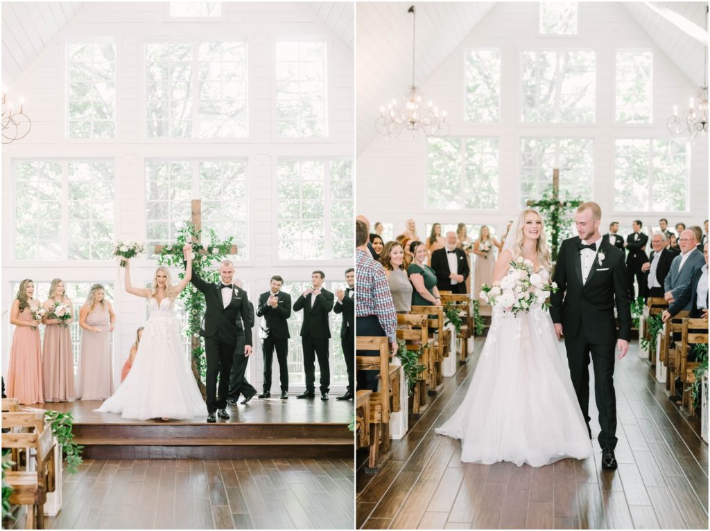 Christina Elliott Photography captures a bride and groom cheer at the altar in the white chapel at The Carriage House in Conroe, TX. bride and groom cheer just married wedding style wedding venues #christinaelliottphotography #christinaelliottweddings #houstontx #houstonweddings #houstonweddingphotographers #carriagehousewedding #conroetexas #texasweddingvenues #carriagehousechapel #cottageweddings #farmhousewedding #sweatheartweddinggown #countrywedding #weddinginspiration