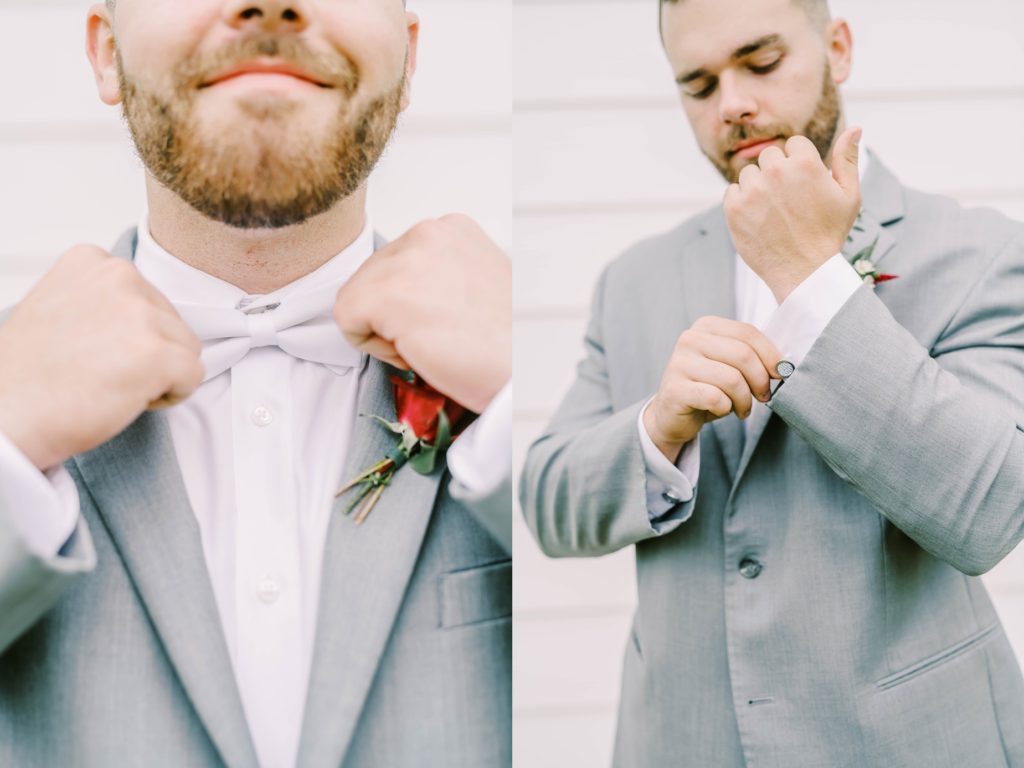 Groom straightens his bowtie and buttons his cufflinks for his Country Texas wedding by Christina Elliott Photography. groom in bowtie cufflinks Texas wedding #christinaelliottphotography #texasweddingphotographer #ranchwedding #countrychic