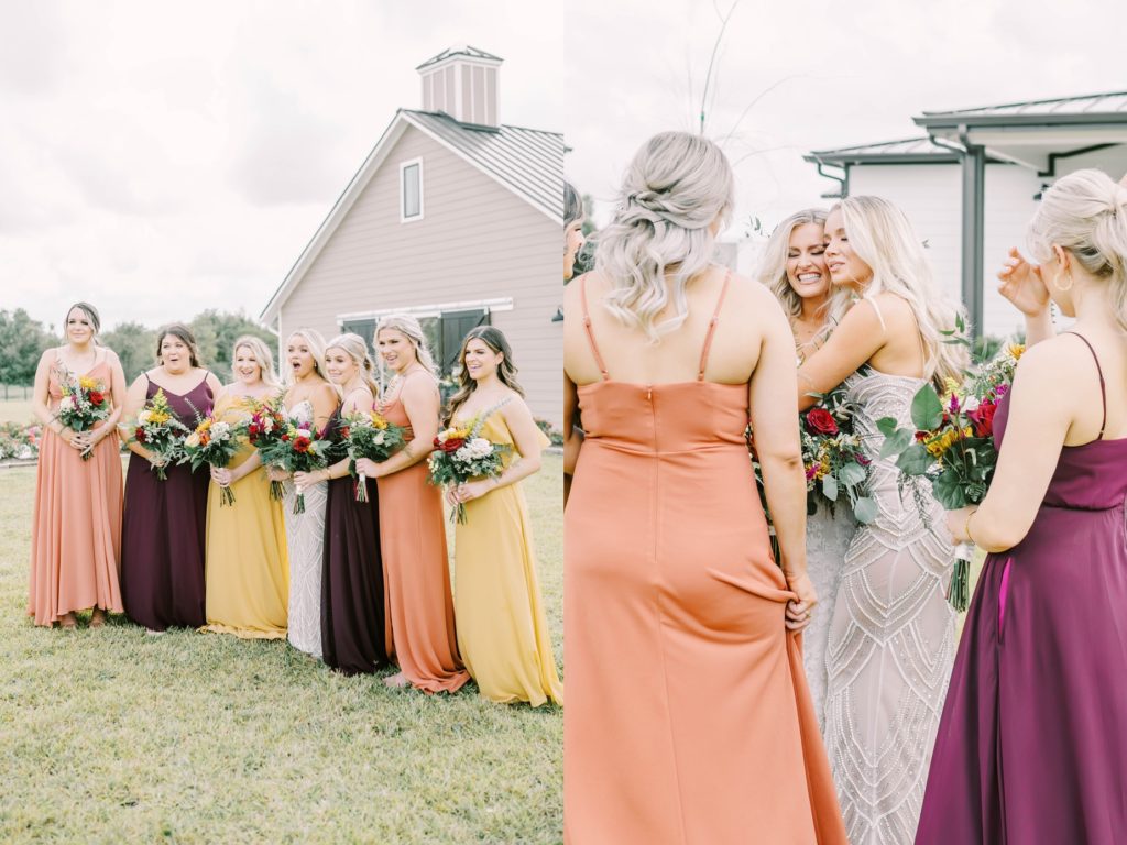Maid of Honor hugs the bride while wearing a country boho gown in Texas by Christina Elliott Photography. maid of honor and bride boho made of honor dress #christinaelliottphotography #texasweddingphotographer #ranchwedding #countrychic