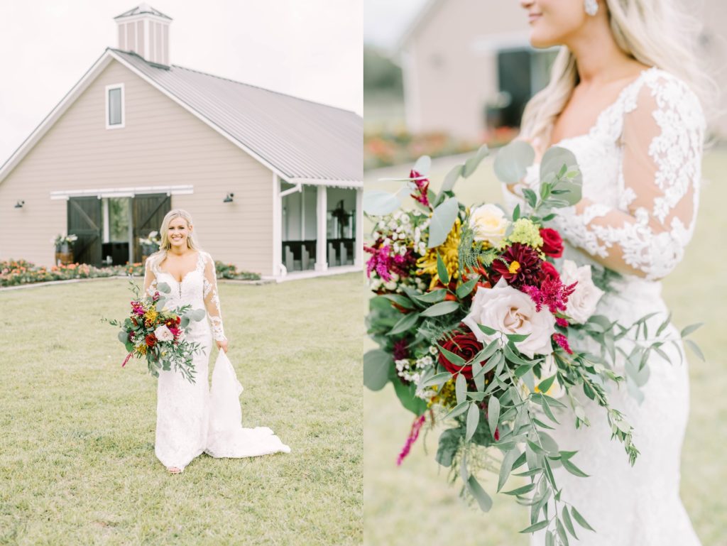 Christina Elliott Photography captures a bridal bouquet with sage greens, reds, and yellows at Still Waters Ranch in Texas. fall bridal bouquet idea Texas wedding venue #christinaelliottphotography #texasweddingphotographer #ranchwedding #countrychic