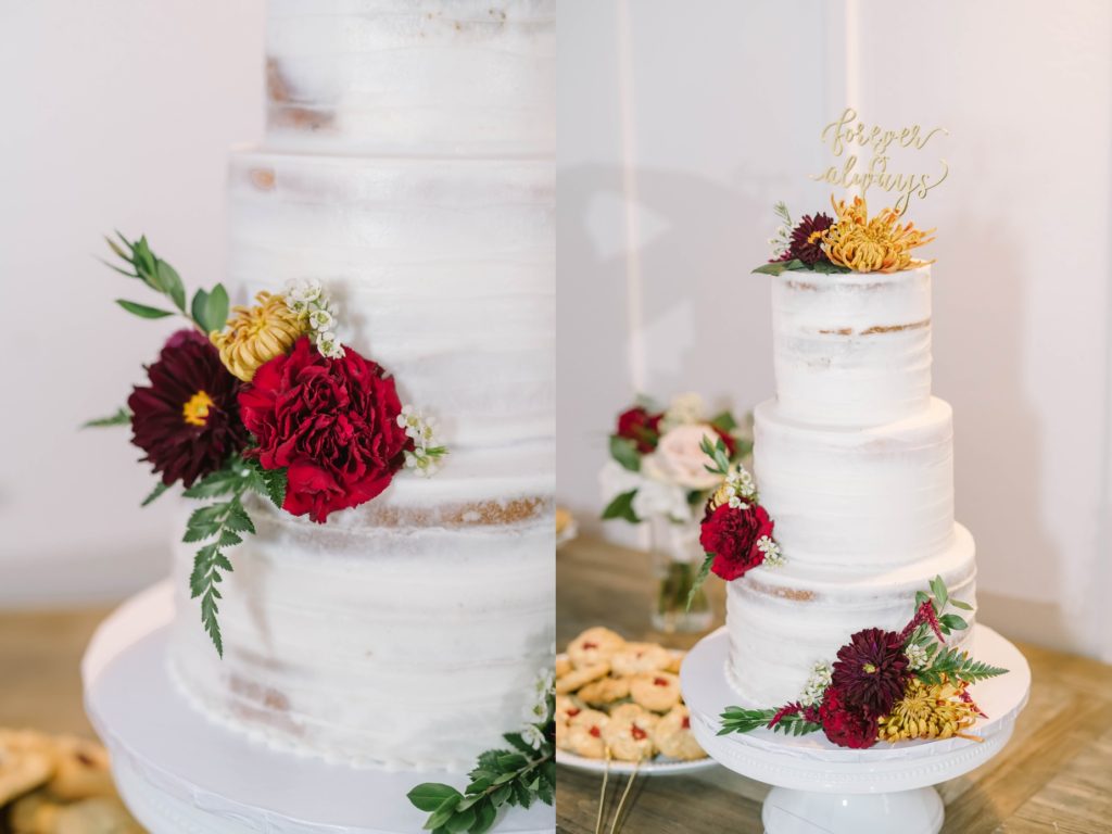 Three-tier half-naked buttercream cake with fresh flowers captured by Christina Elliott Photography in Texas. simple wedding cakes vanilla buttercream wedding cake #christinaelliottphotography #texasweddingphotographer #ranchwedding #countrychic