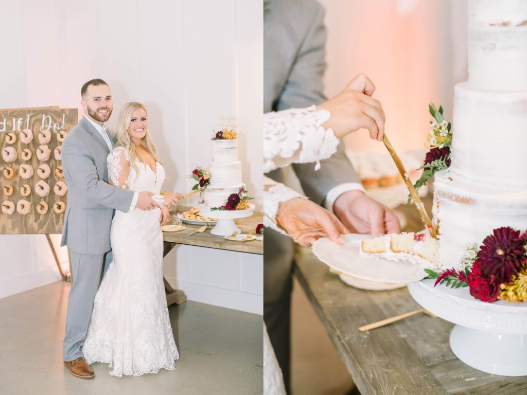 Christina Elliott Photography captures the bride and groom in the perfect cake cutting pose with a three-tier buttercream cake in Texas. simple buttercream cake floral #christinaelliottphotography #texasweddingphotographer #ranchwedding #countrychic