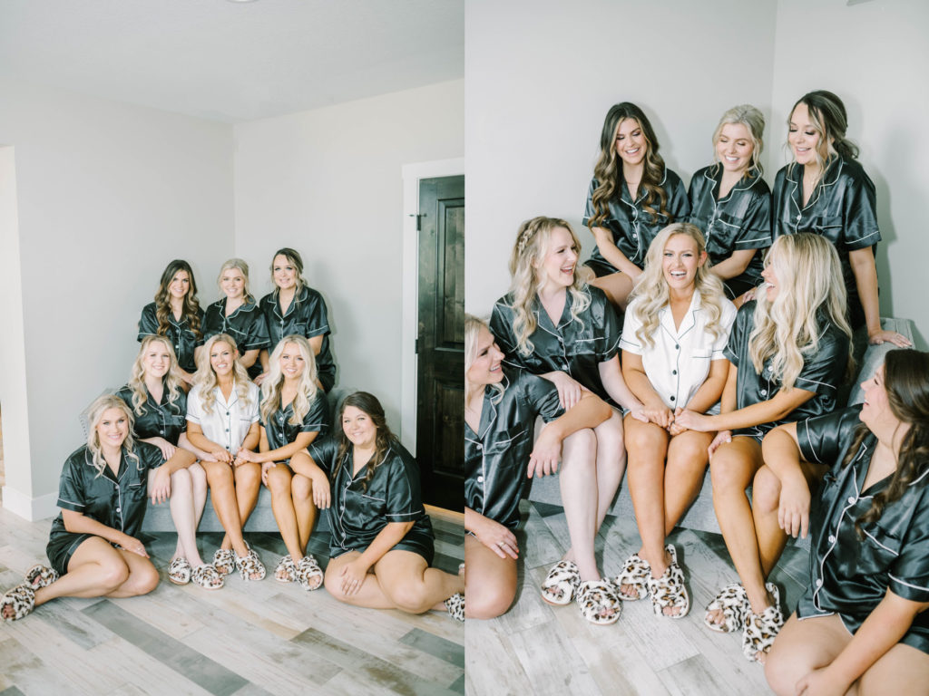 Bride and bridesmaids wearing black and white silk jammies and cheetah slippers by Christina Elliott Photography. silk bridal PJs matching bridal slippers #christinaelliottphotography #texasweddingphotographer #ranchwedding #countrychic