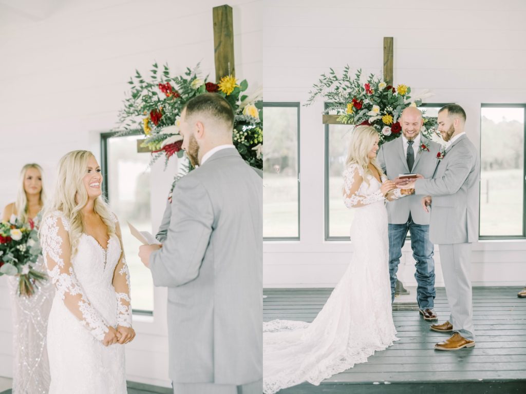At the floral cross altar, a groom reads his marriage vows by Christina Elliott Photography in Texas. Texas weddings cross altar with fresh florals groom vows #christinaelliottphotography #texasweddingphotographer #ranchwedding #countrychic