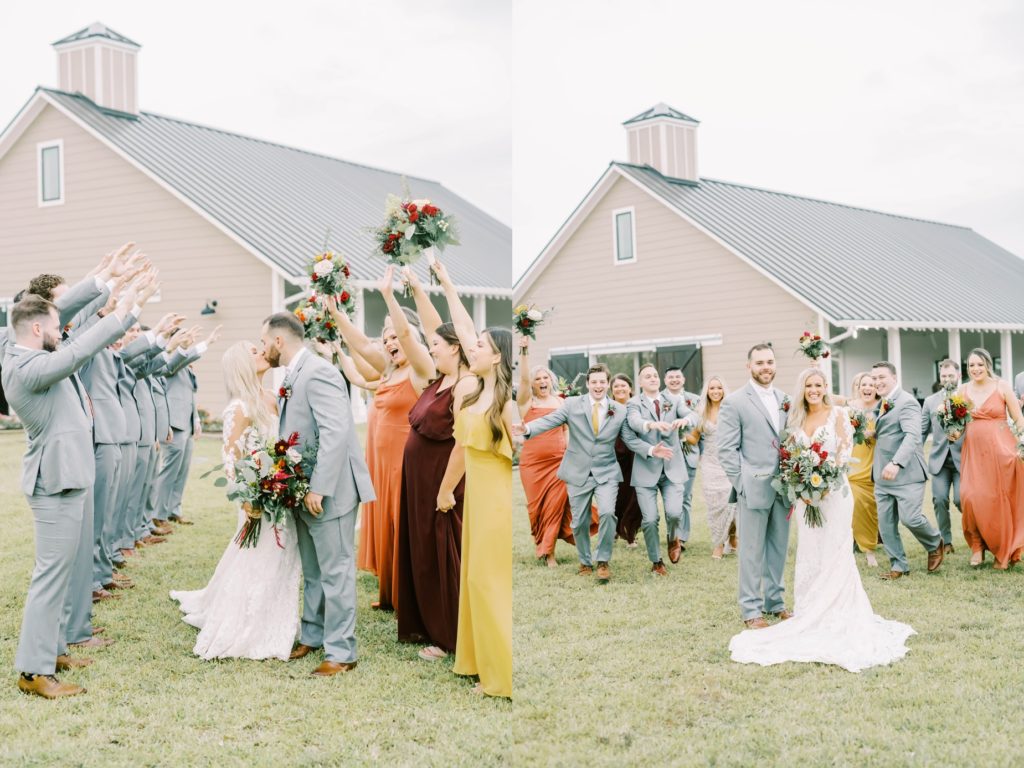 The groomsmen and bridesmaids make an arch pathway as the bride and groom kiss in the middle by Christina Elliott Photography. bridal party fall bridesmaid dresses #christinaelliottphotography #texasweddingphotographer #ranchwedding #countrychic