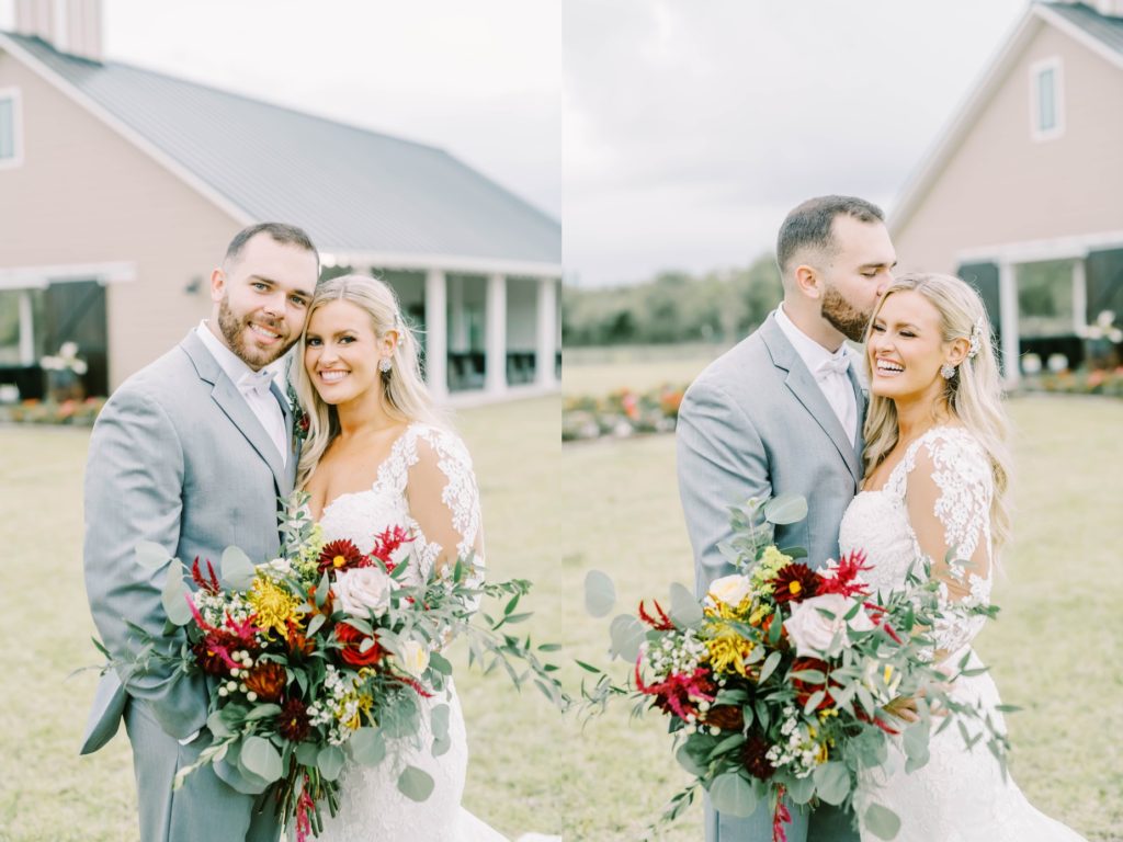 Maroon and yellow bridal bouquet with classic bride and groom style by Christina Elliott Photography in Texas. fall bridal bouquets red and yellow florals #christinaelliottphotography #texasweddingphotographer #ranchwedding #countrychic