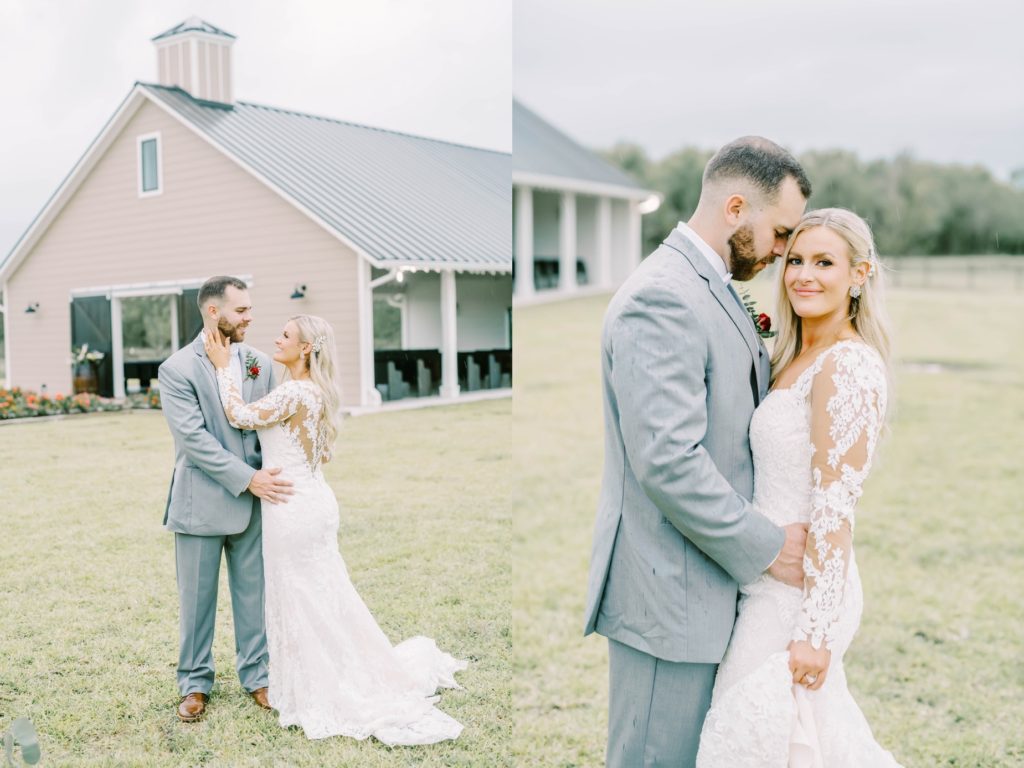 Groom breathes in his bride as she smiles with diamond barrett in her hair by Christina Elliott Photography. bridal hair-dos Texas wedding photographer #christinaelliottphotography #texasweddingphotographer #ranchwedding #countrychic