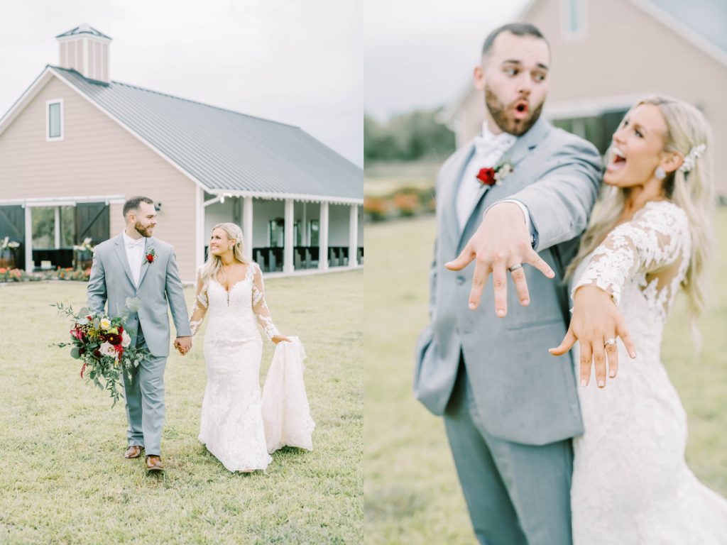 In front of a barn in Texas, a couple show off their wedding rings with excited faces by Christina Elliott Photography. ring couple portraits bride and groom poses #christinaelliottphotography #texasweddingphotographer #ranchwedding #countrychic