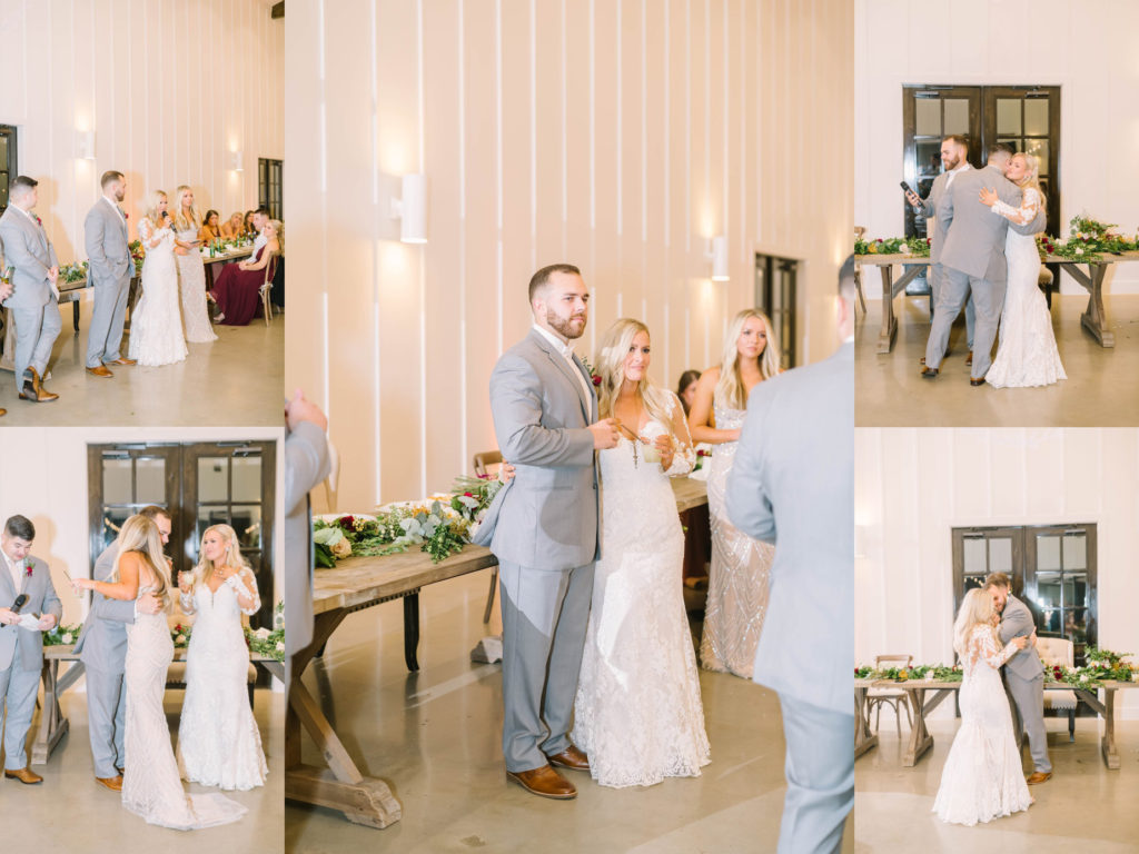 At Still Waters Ranch a bride and groom give read their wedding vows and thank their wedding party by Christina Elliott Photography. lace mermaid dress with sleeves #christinaelliottphotography #texasweddingphotographer #ranchwedding #countrychic