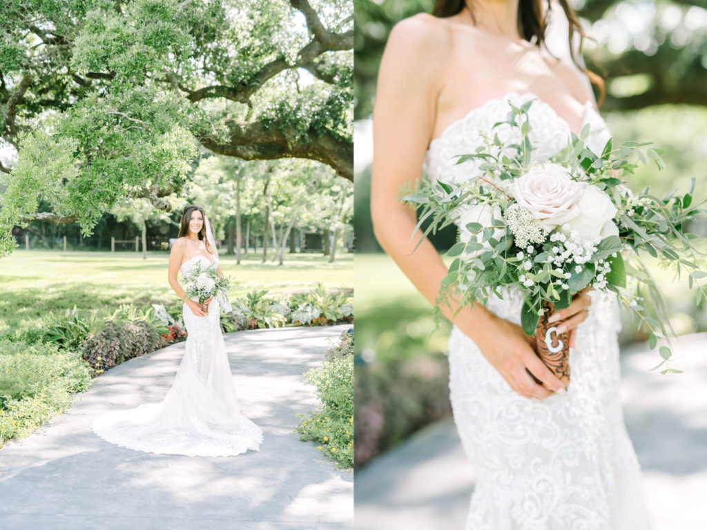 White rose bouquet with a leather western-inspired wrap in Texas with Christina Elliott Photography. western wedding country bouquet leather bouquet #texasbridals #christinaelliottphotography #plantationwedding #bridalinspiration #TXwedding
