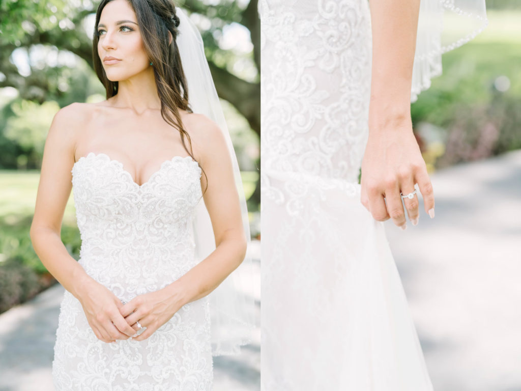 Fitted lace strapless gown with a feminine neckline by Christina Elliott Photography at Oak Plantation in Texas. circle diamond ring feminine wedding gowns #texasbridals #christinaelliottphotography #plantationwedding #bridalinspiration #TXwedding