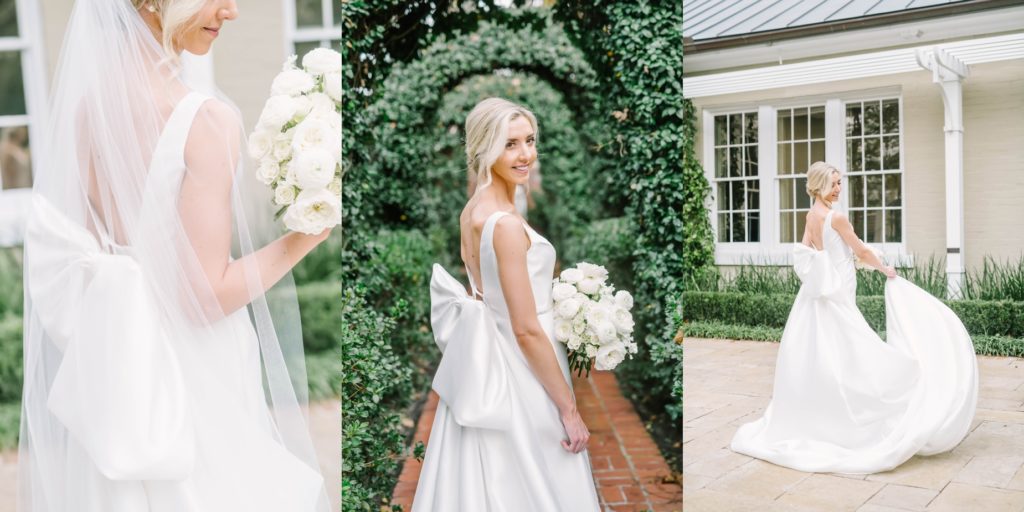 Bride smiles while wearing a stunning white wedding gown with a large bow accessory on the back. Photographed by Houston wedding photographer Christina Elliott.