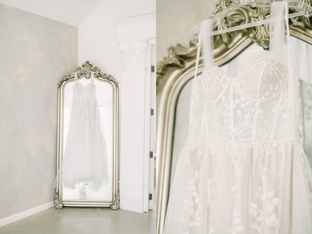 A portrait of a corset top wedding gown with lace tulle florals by Christina Elliott Photography. corset wedding dress dress photography #christinaelliottphotography #theoakatelierwedding #Houstonwinterweddings #weddingphotographersHouston
