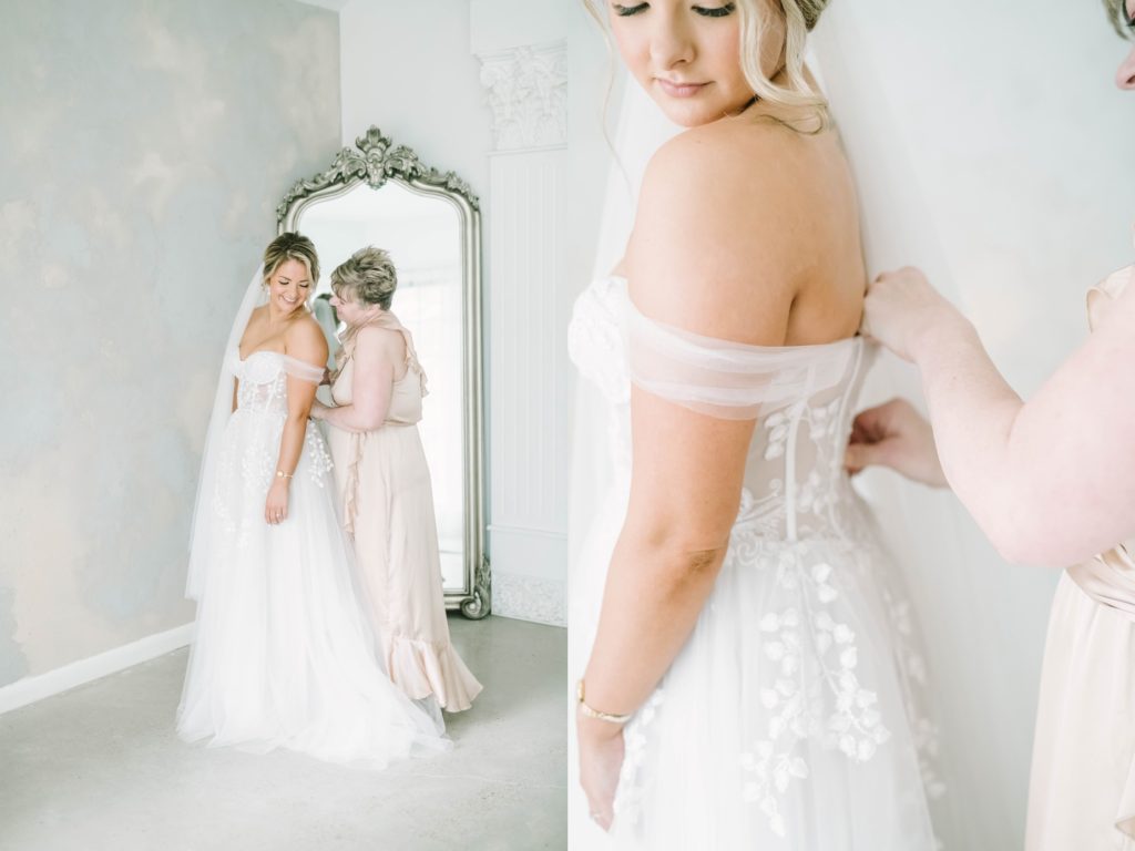 Mother of the bride zips up the bridal gown during a Texas wedding by Christina Elliott Photography. bridal gown getting ready mother of the bride #christinaelliottphotography #theoakatelierwedding #Houstonwinterweddings #weddingphotographersHouston