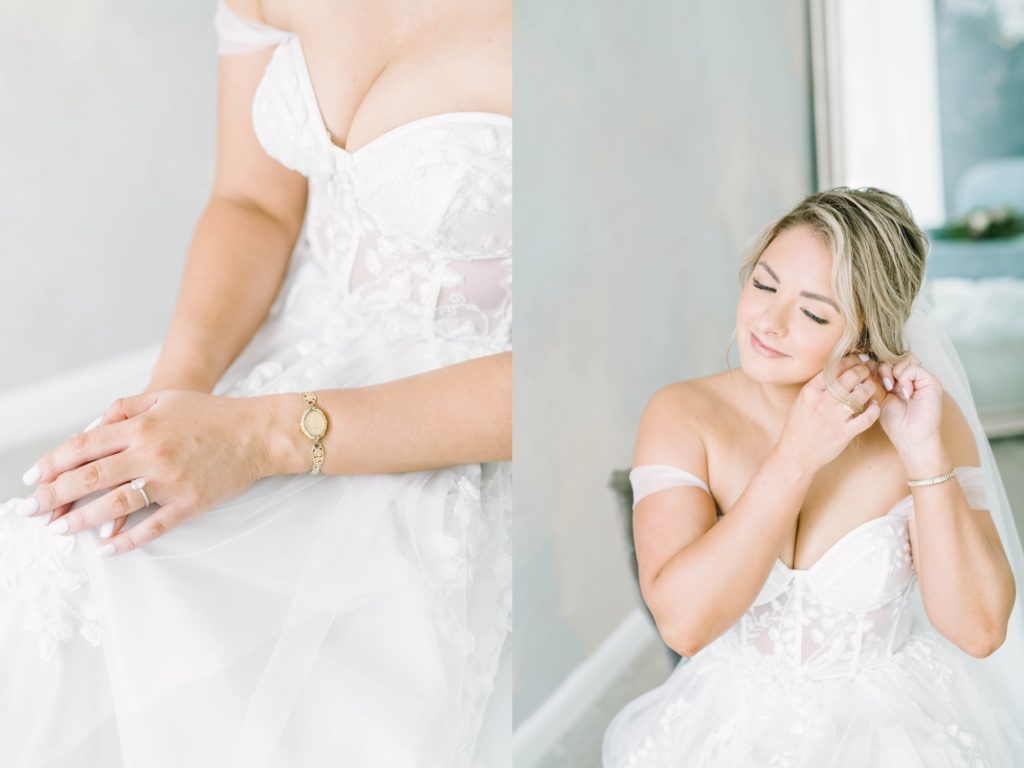 The bride gets ready for her wedding by putting on her earrings by Christina Elliott Photography. wedding earrings bridal updo tear drop ring #christinaelliottphotography #theoakatelierwedding #Houstonwinterweddings #weddingphotographersHouston
