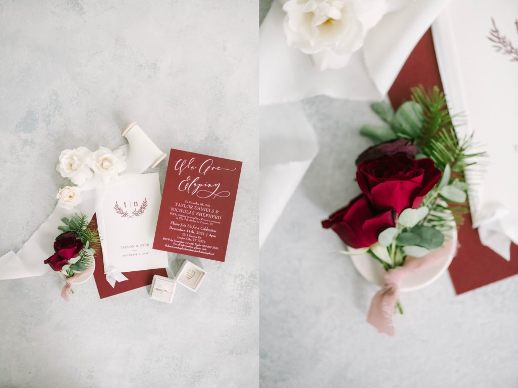 Burgundy wedding announcement flat lay photo with rings a boutonniere by Christina Elliott Photography. wedding announcement flat lay photo #christinaelliottphotography #theoakatelierwedding #Houstonwinterweddings #weddingphotographersHouston