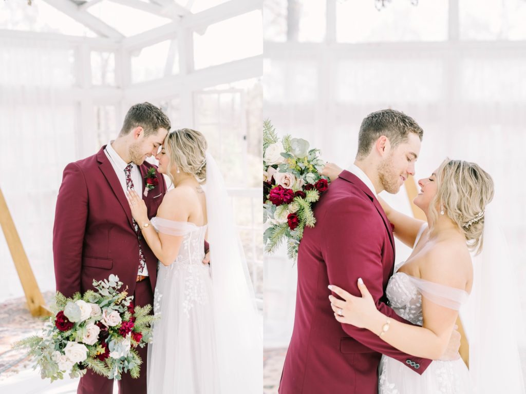 During a winter wedding a bride and groom kiss with warm rich colors by Christina Elliott Photography. winter red wedding color scheme #christinaelliottphotography #theoakatelierwedding #Houstonwinterweddings #weddingphotographersHouston