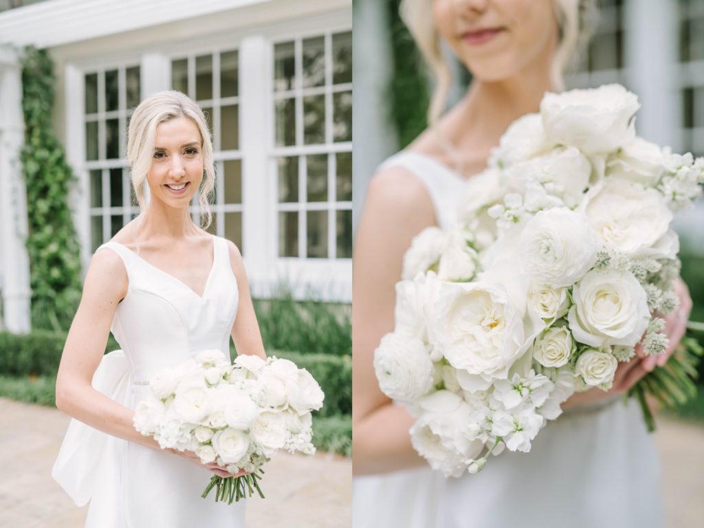 All-white floral bridal bouquet with roses and peonies captured by Christina Elliott Photography a TX photographer. white bridal bouquet v-neck gown #christinaelliottphotography #houstonweddings #riveroaksgardenclub #outdoorbridals #houstonbridals