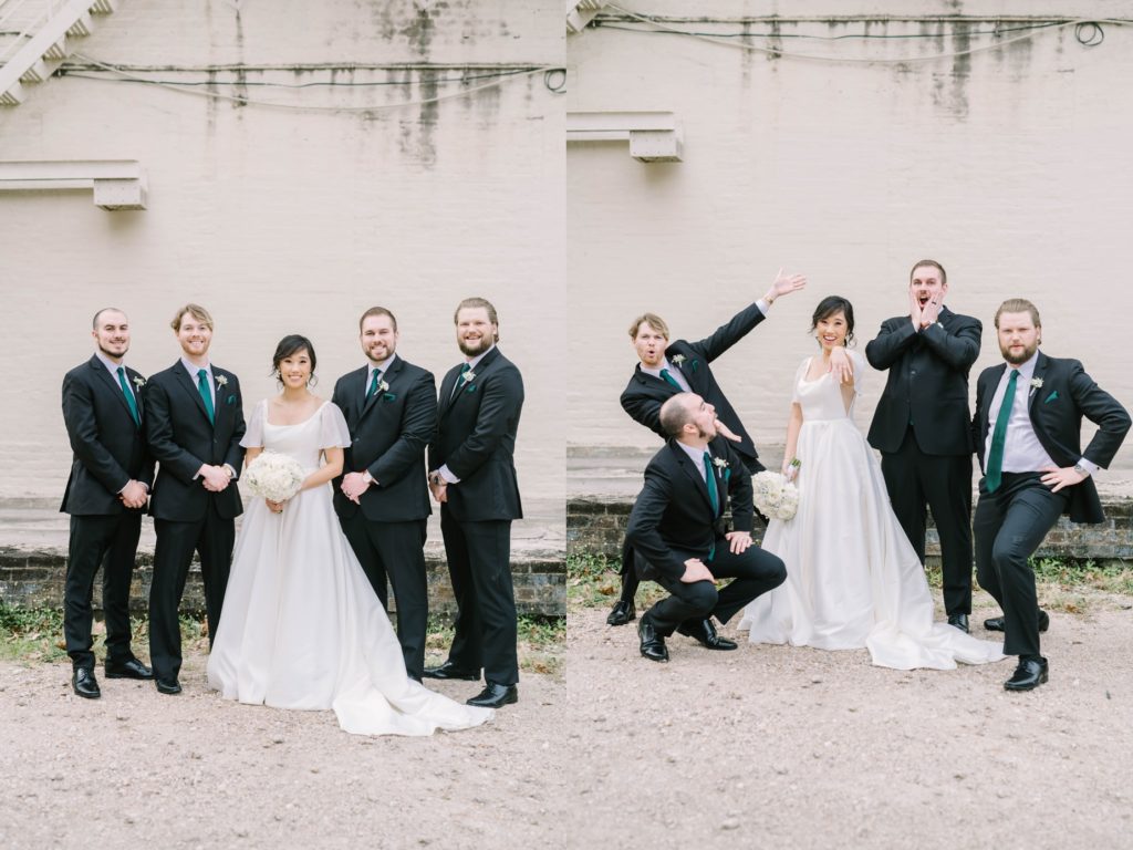 Groomsmen surround the bride and have fun with her at the Sam Houston Hotel by Christina Elliott Photography. bride with groomsmen fun wedding party photos #christinaelliottphotography #thesamhoustonhotel #houstonweddings #TXweddingphotographer