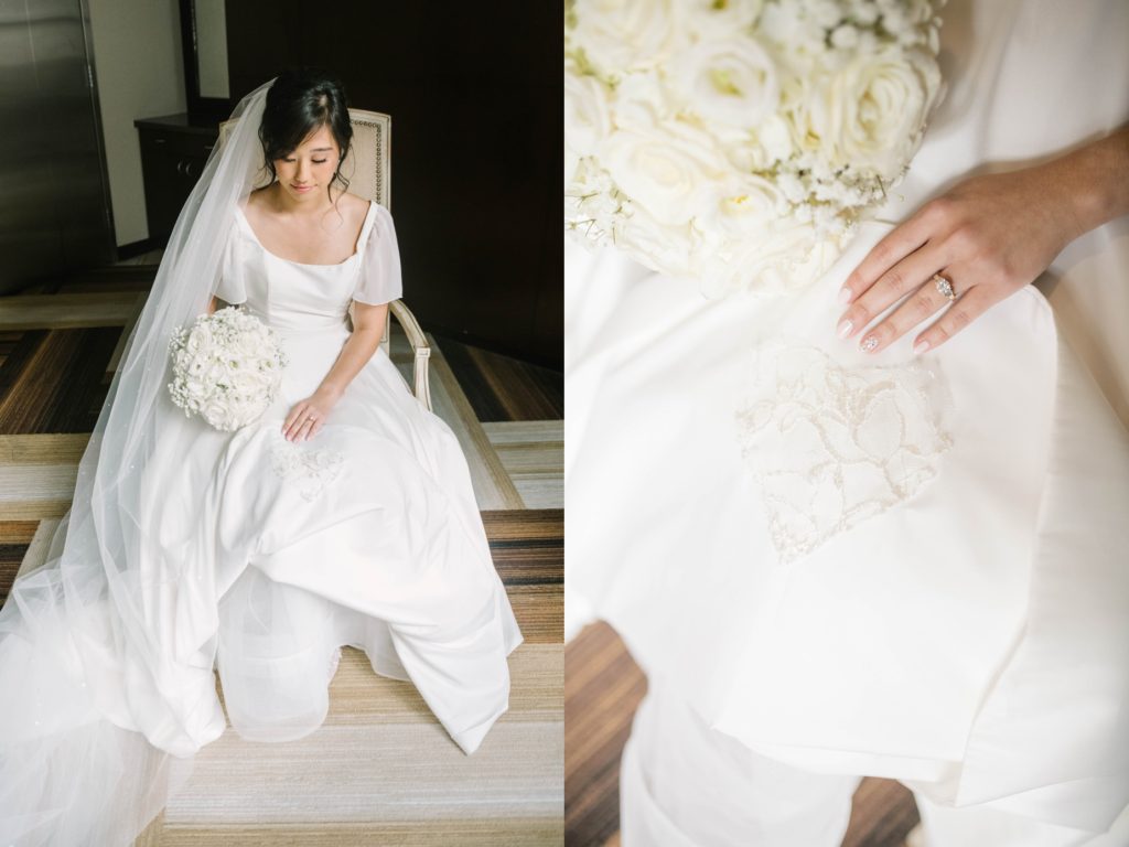 Houston photographer Christina Elliott Photography captures a detailed shot of a bride with a lace patch on her gown. incorporate loved ones in wedding #christinaelliottphotography #thesamhoustonhotel #houstonweddings #TXweddingphotographer