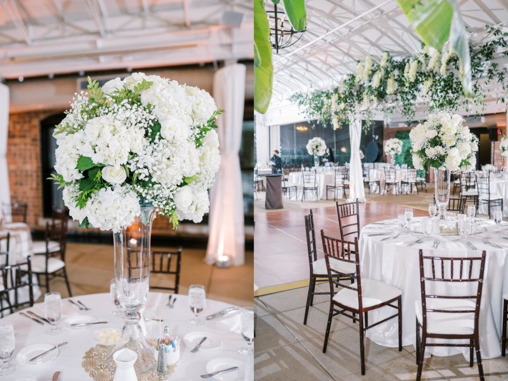 White floral elevated wedding table centerpieces for reception by Christina Elliott Photography of the Houston area. wedding centerpieces elevated florals #christinaelliottphotography #thesamhoustonhotel #houstonweddings #TXweddingphotographer