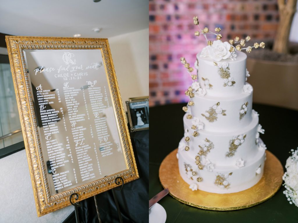 A four-tier white cake with gold foil accents was captured at a Houston wedding by Christina Elliott Photography. wedding cake gold wedding cake accents #christinaelliottphotography #thesamhoustonhotel #houstonweddings #TXweddingphotographer