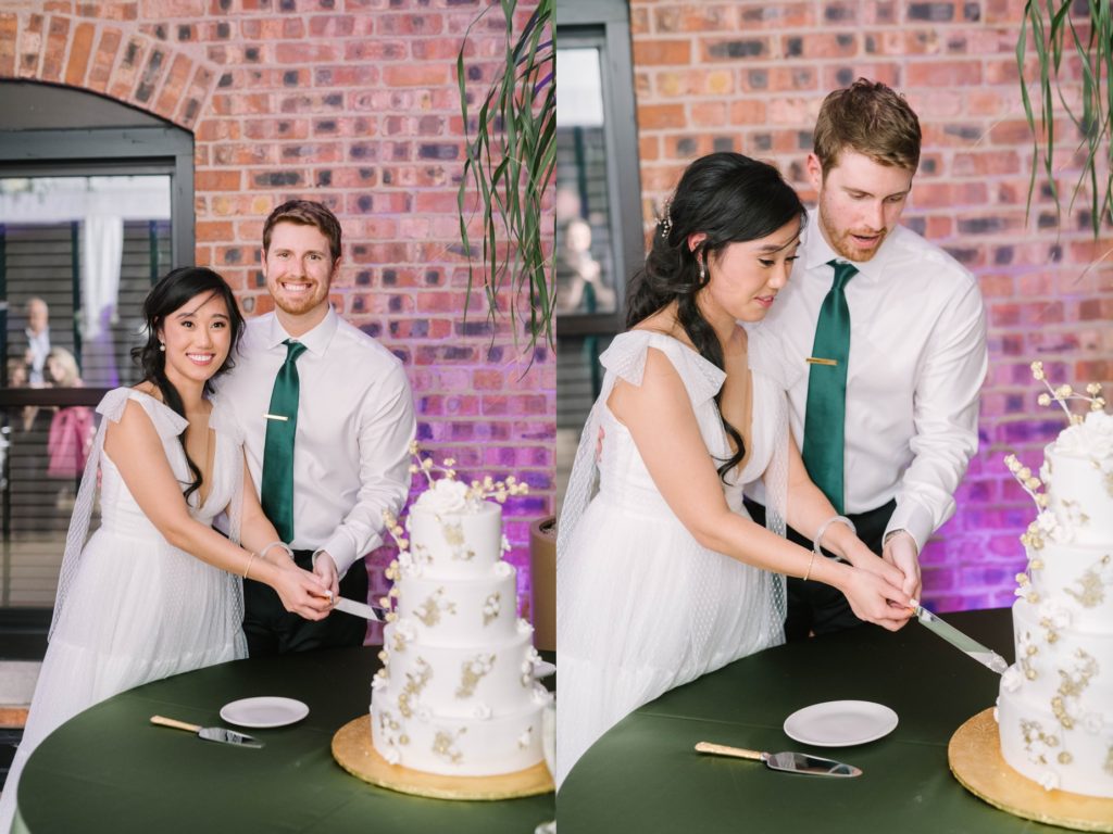 A bride and groom cut the wedding cake together in front of a brick wall by Christina Elliott Photography. cutting the wedding cake Houston weddings #christinaelliottphotography #thesamhoustonhotel #houstonweddings #TXweddingphotographer