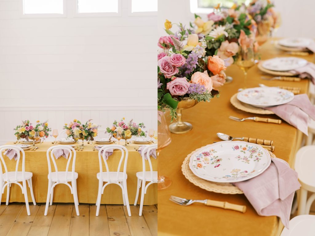 Christina Elliott Photography captures a rectangle wedding table with porcelain floral tableware. wooden silverware fresh floral decor #christinaelliottphotography #Houstonweddings #arrowheadhill #weddingphotographersHouston #springwedding #sayIdo