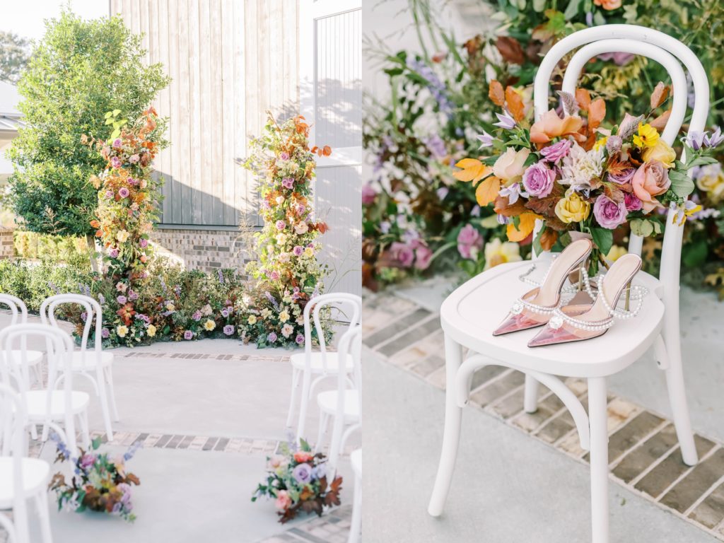 Christina Elliott Photography captures a detailed shot of bridal shoes and bouquet on a white wooden chair. heals spring wedding ideas #christinaelliottphotography #Houstonweddings #arrowheadhill #weddingphotographersHouston #springwedding #sayIdo