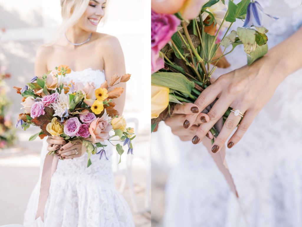 Bride with a strapless lace wedding gown holding a colorful bouquet by Christina Elliott Photography. Houston wedding photographers #christinaelliottphotography #Houstonweddings #arrowheadhill #weddingphotographersHouston #springwedding #sayIdo