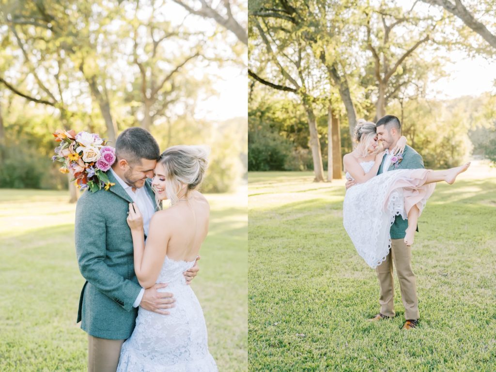 The bride kicks as the groom holds her and spins in his arms by Christina Elliott Photography. barefoot bridegroom holds bride pic #christinaelliottphotography #Houstonweddings #arrowheadhill #weddingphotographersHouston #springwedding #sayIdo
