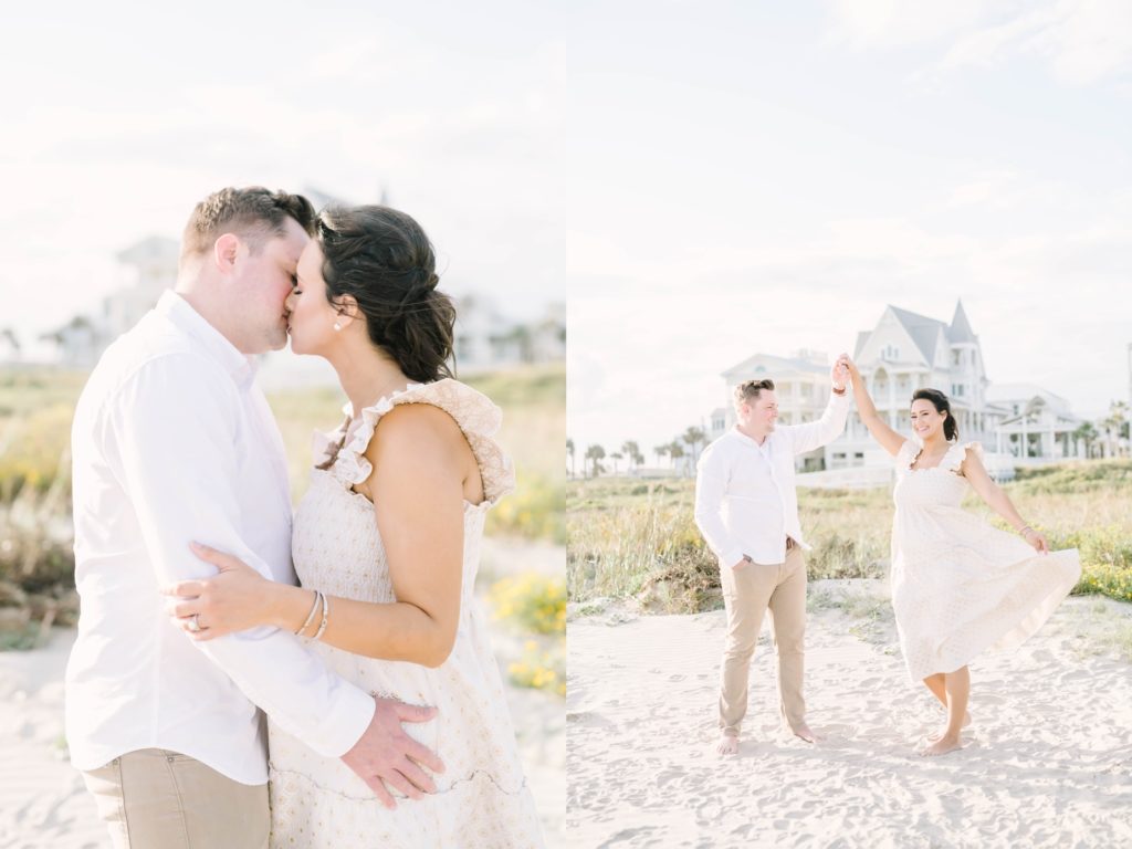 Husband and wife kiss on a sandy beach in Texas by Christina Elliott Photography. soon to be parents kissing couple maternity session #ChristinaElliottPhotography #ChristinaElliottMaternity #Galvestonmaternityphotographers #maternityportraits