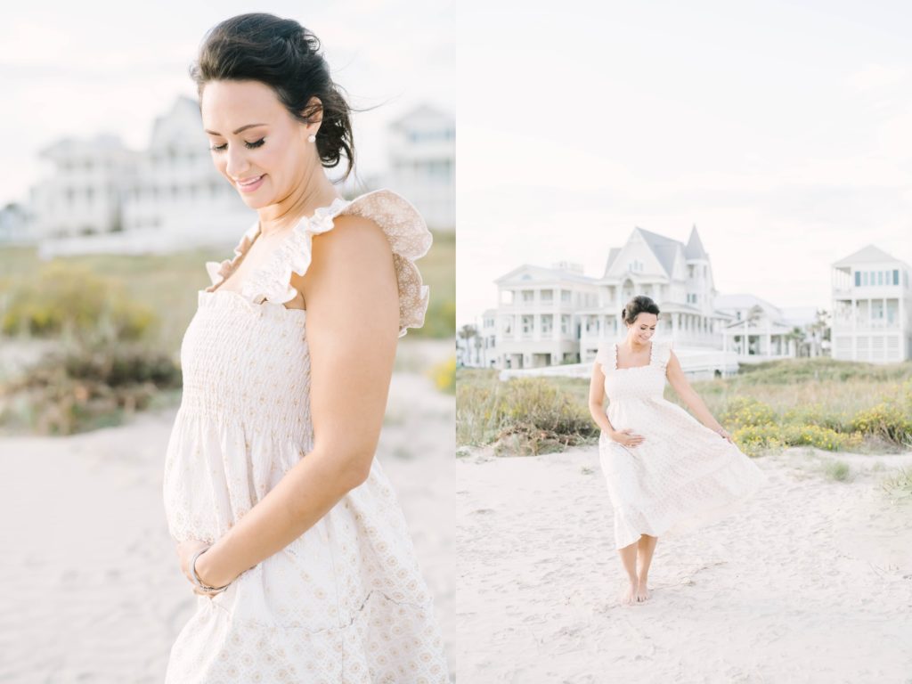 Christina Elliott Photography captures a pregnant woman walking on a beach on a summer day in Galveston. Galveston maternity photographers #ChristinaElliottPhotography #ChristinaElliottMaternity #Galvestonmaternityphotographers #maternityportraits