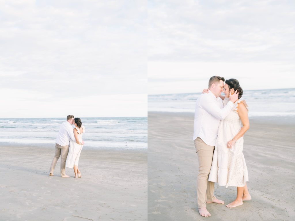 Light airy maternity pictures of a husband and wife on the beach by Christina Elliott Photography. light airy beach maternity portraits #ChristinaElliottPhotography #ChristinaElliottMaternity #Galvestonmaternityphotographers #maternityportraits