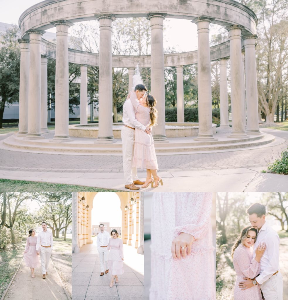Newly engaged couple kiss next to a pillar water feature by Christina Elliott Photography. Rice University engagement pics #christinaelliottphotography #Houstonengagements #riceuniversity #springengagements #sayIdo #Houstonengagementphotographers