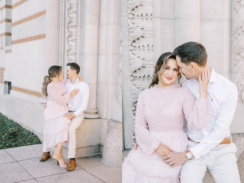Woman sits on a man's lap and goes in for a kiss captured by Christina Elliott Photography. fiance portrait poses say I do #christinaelliottphotography #Houstonengagements #riceuniversity #springengagements #sayIdo #Houstonengagementphotographers