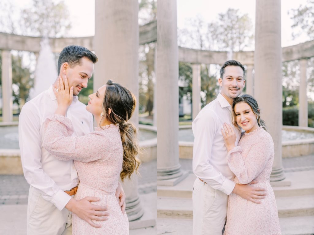 At Rice University during an engagement session with Christina Elliott Photography a woman holds a man's jaw tenderly. couple pose #christinaelliottphotography #Houstonengagements #riceuniversity #springengagements #Houstonengagementphotographers