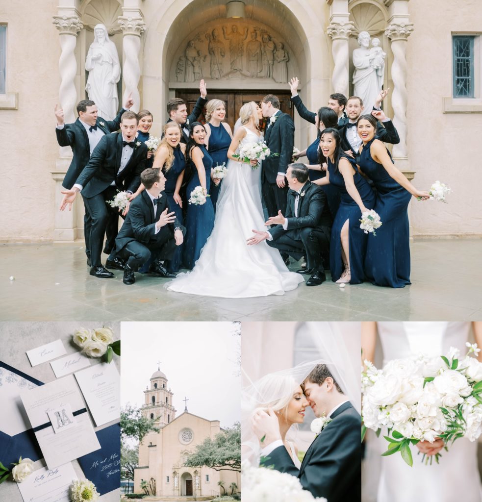 The bridal party cheers for kissing newlyweds outside of St. Anne Catholic Church by Christina Elliott Photography. catholic church #christinaelliottphotography #Houstonweddings #catholicchurchweddings #navyblue #sayIdo #Houstonweddingphotographers