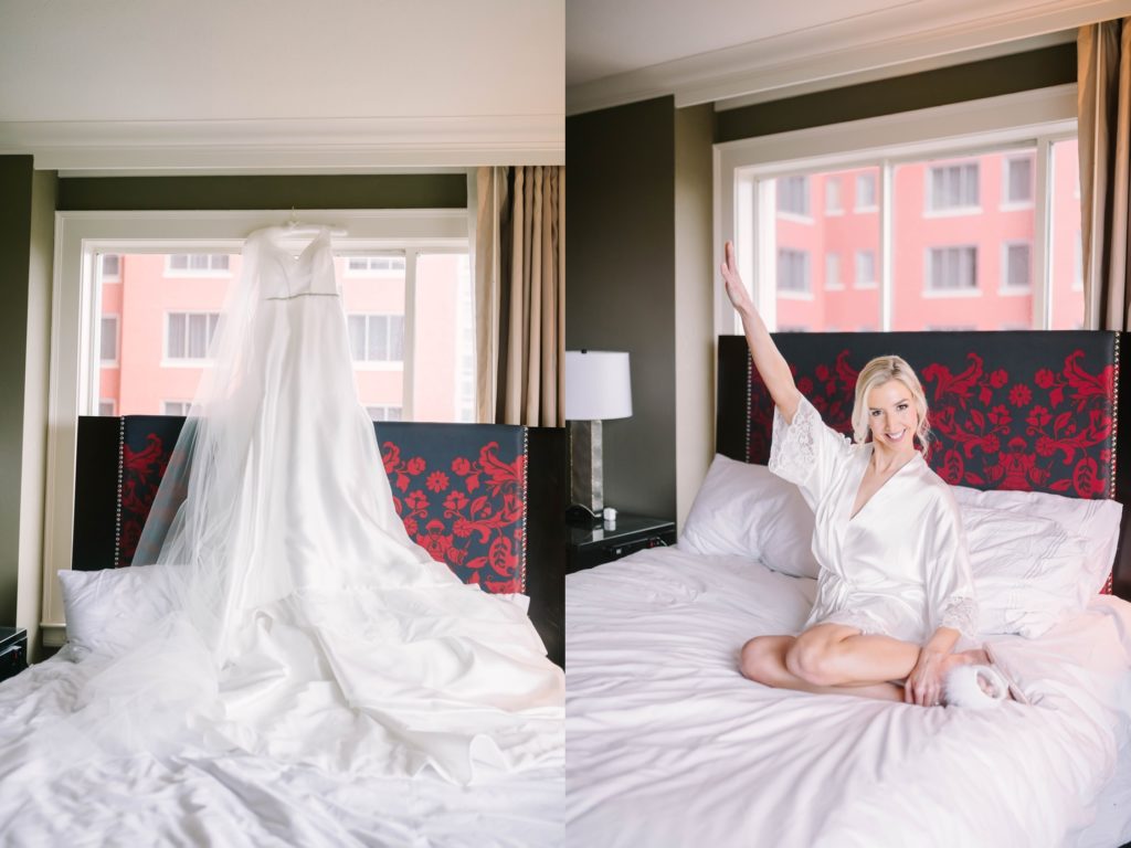 Bridal gown hand in front of a window on a bed in Houston by Christina Elliott Photography. classic wedding gown gown portrait #christinaelliottphotography #Houstonweddings #catholicchurchweddings #navyblue #sayIdo #Houstonweddingphotographers